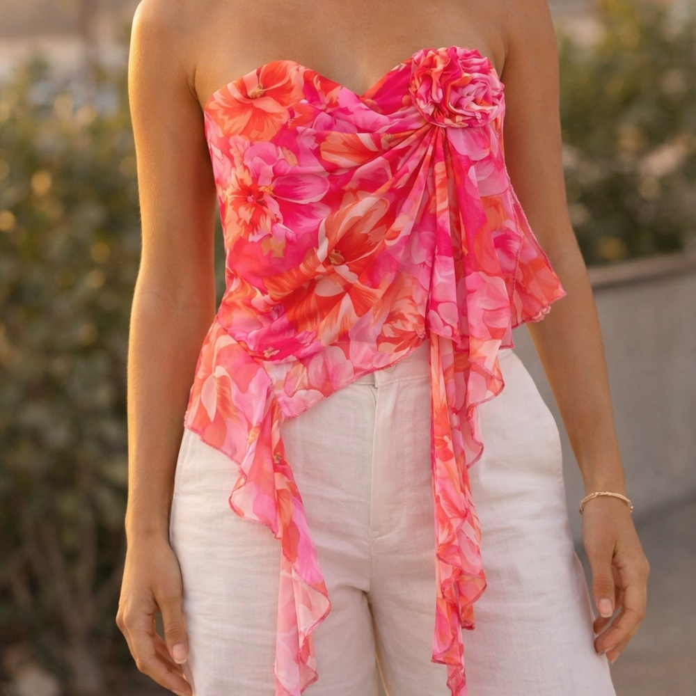 Fashion Nova Floral Mesh Flower Detail Strapless Crop Top Pink Orange Size XL